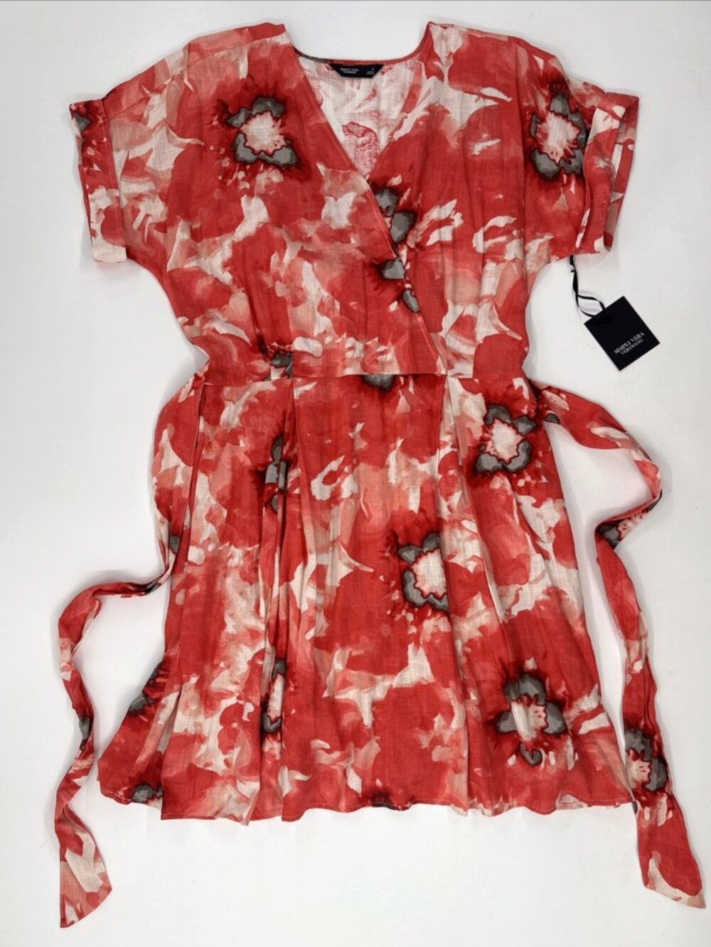 Simply Vera Wang Women’s Large Red Floral Dress Belted Midi Pleated Linen New - Picture 1 of 11
